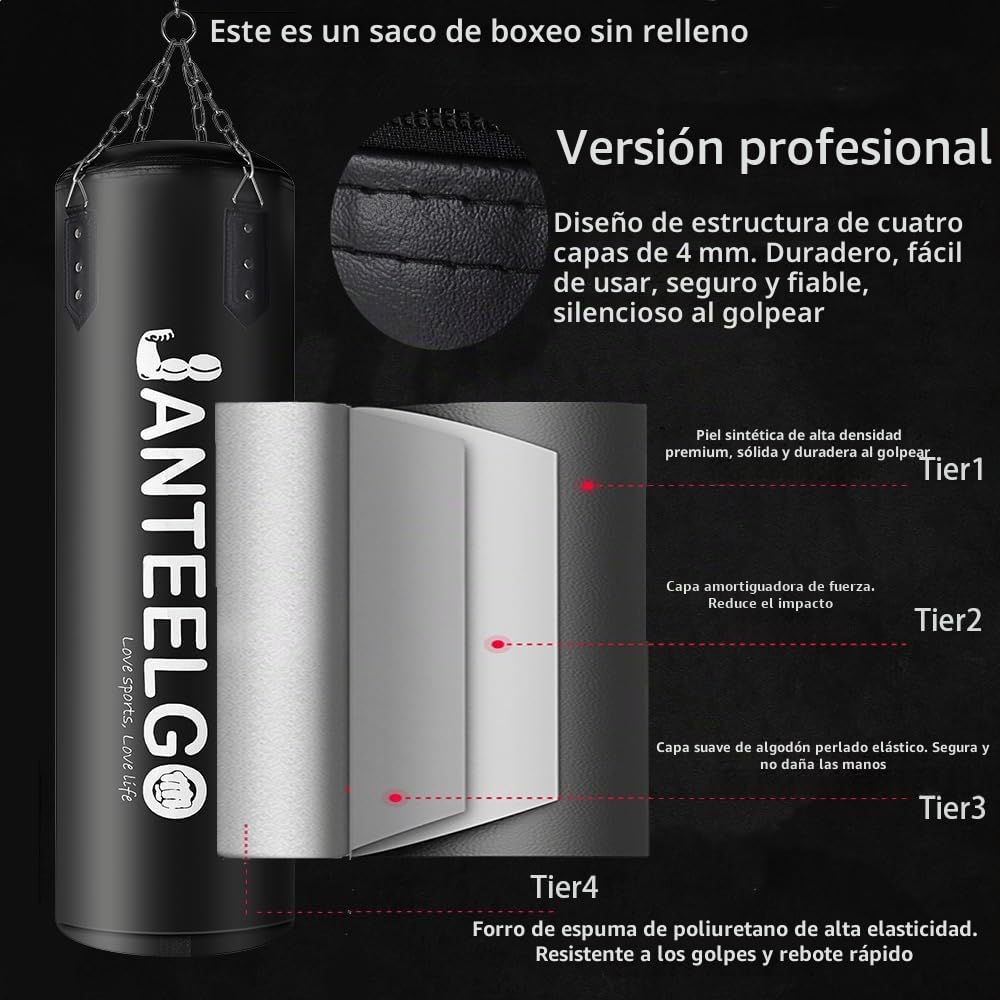 Saco de Boxeo Sospeso e Saco Boxeo Adulto Sin Relleno JanTeelGO 100 cm Materiale PU con Catena di Montaggio e Gancio a Soffitto Uomo Donna Adolescenti Bambino MMA Kick Boxing Muay Thai Karate