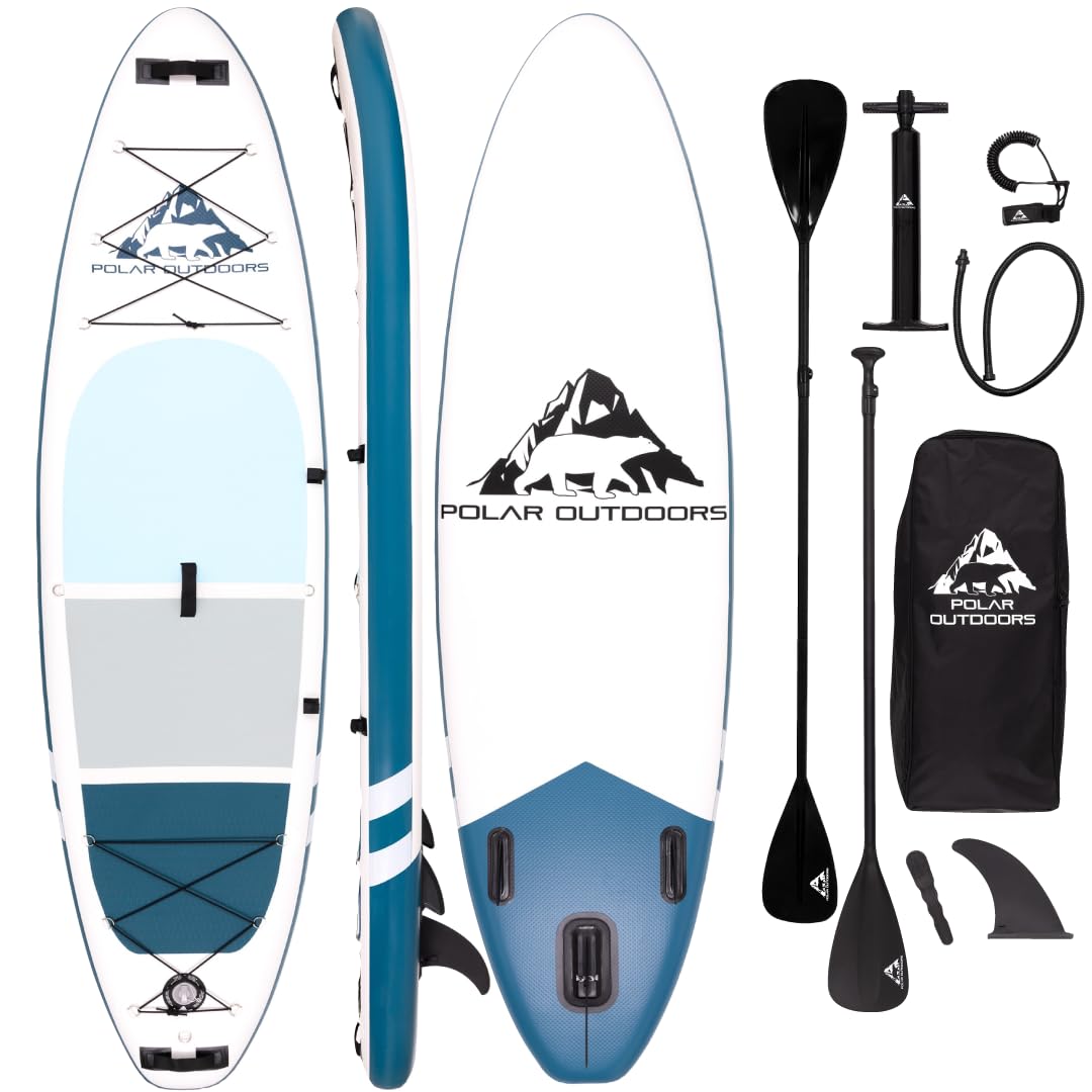 Polar Outdoors by Roc Inflatable Stand Up Paddle Board with Premium SUP Paddle Board Accessories, Wide Stable Design, Non-Slip Comfort Deck for Youth & Adults (Glacier)
