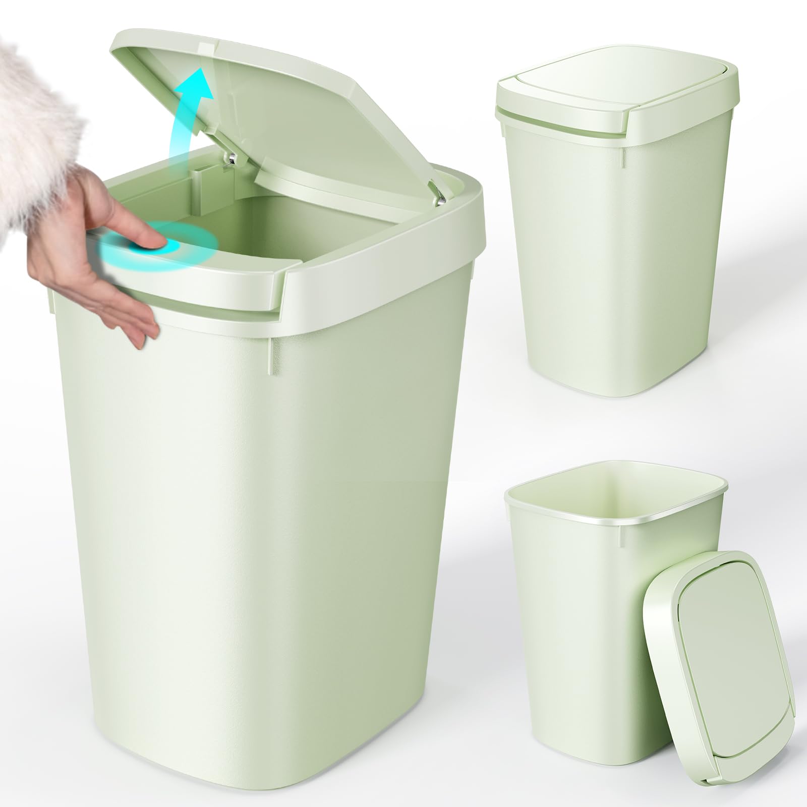 CEROELDA 3 Pack Bathroom Trash Can with Lid, 10L/2.6 Gal Small Garbage Can with Press Top Lid, Slim Plastic Waste Basket for Toilet, Office, Bedroom (Grey)