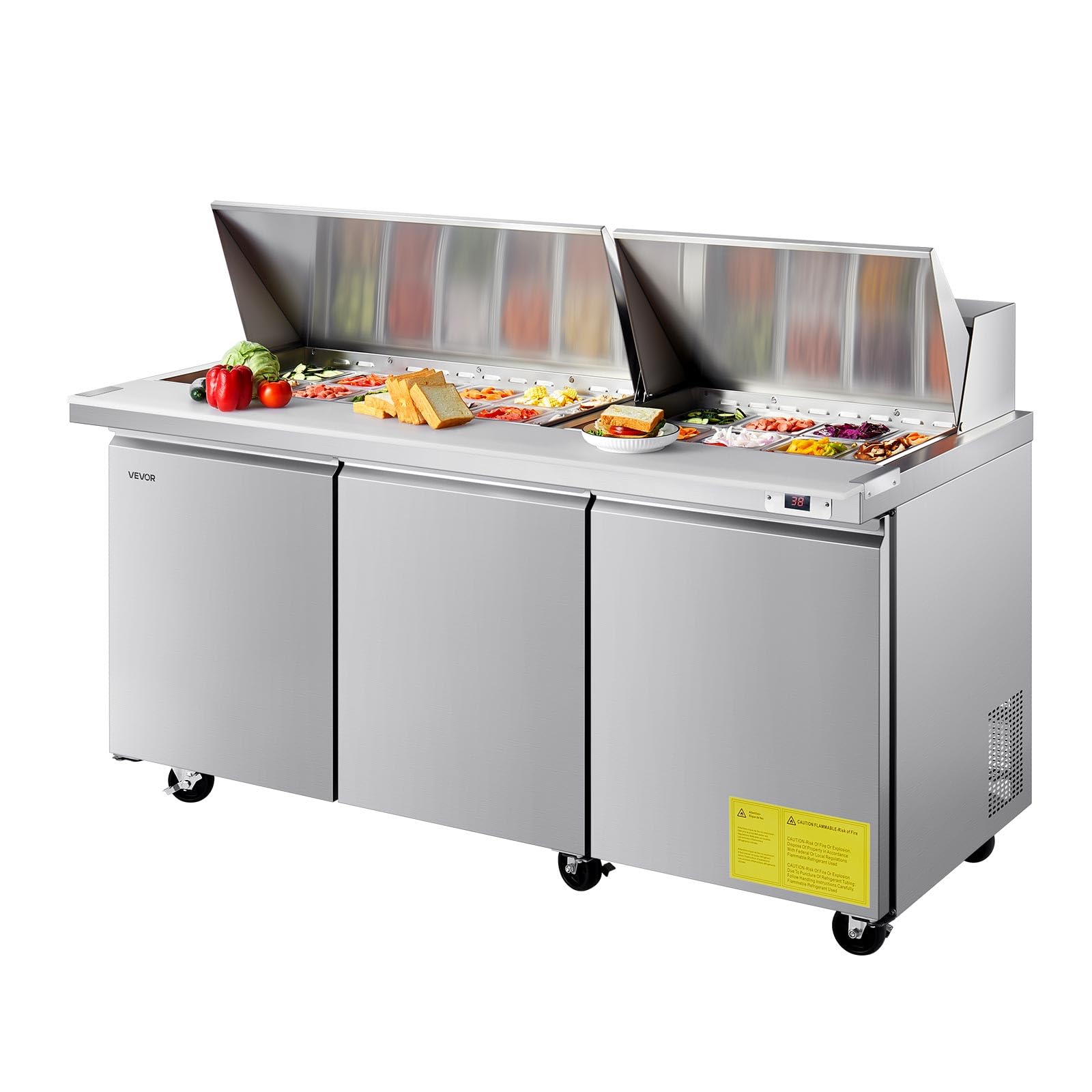 VEVOR 72"W Commercial Refrigerator, 18.7 Cu. Ft Sandwich Prep Refrigerated Table, Mega Top Food Prep Fridge with 30 Pans and Cutting Board, Stainless