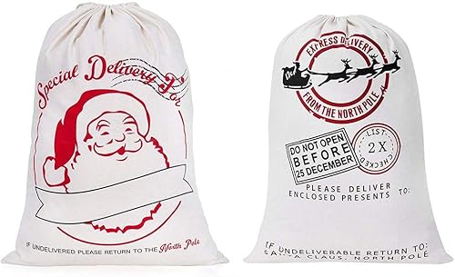 Bolsa de regalo de Navidad, 2 sacos de renos de Papá Noel reutilizables de lona blanca con cordón para almacenamiento de regalos de Navidad para