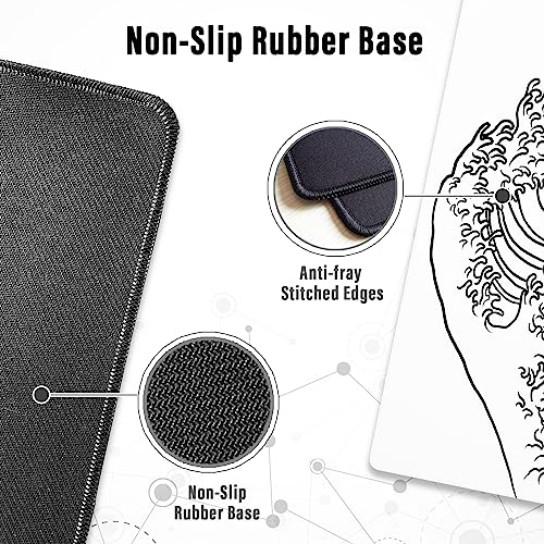 Image of Ovenbird Gaming Mouse Pad with Stitched Edges, Japanese Wave White Extended XL Mousepad with Anti-Slip Base, Cool Large Mouse Pad for Desk, 31.5 x 11.8 in, White