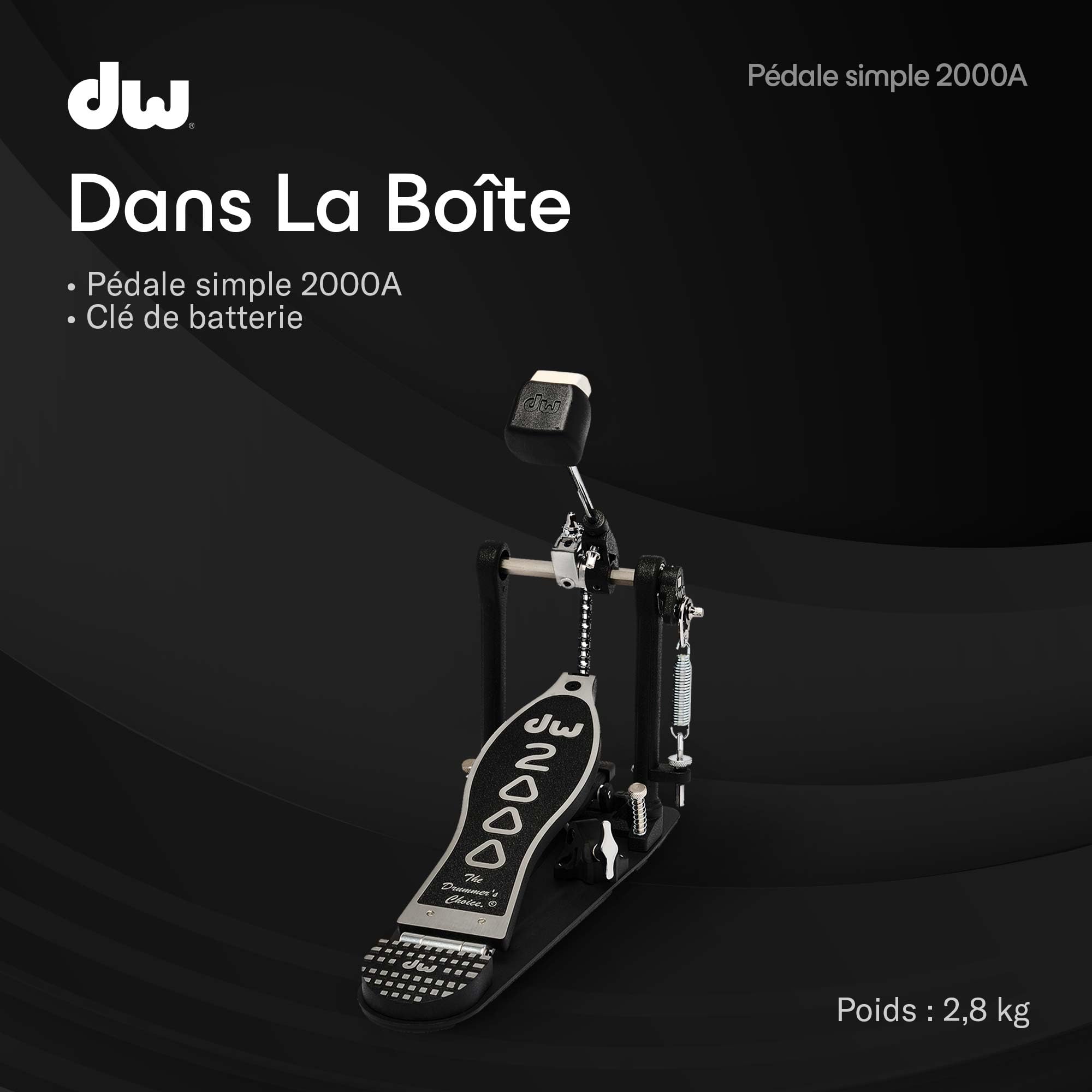 DW 2000A | Pédale de grosse caisse série 2000 | Idéale pour les batteurs de tout niveau | Cadre métallique robuste avec came Accelerator à simple chaîne | Batte à deux faces