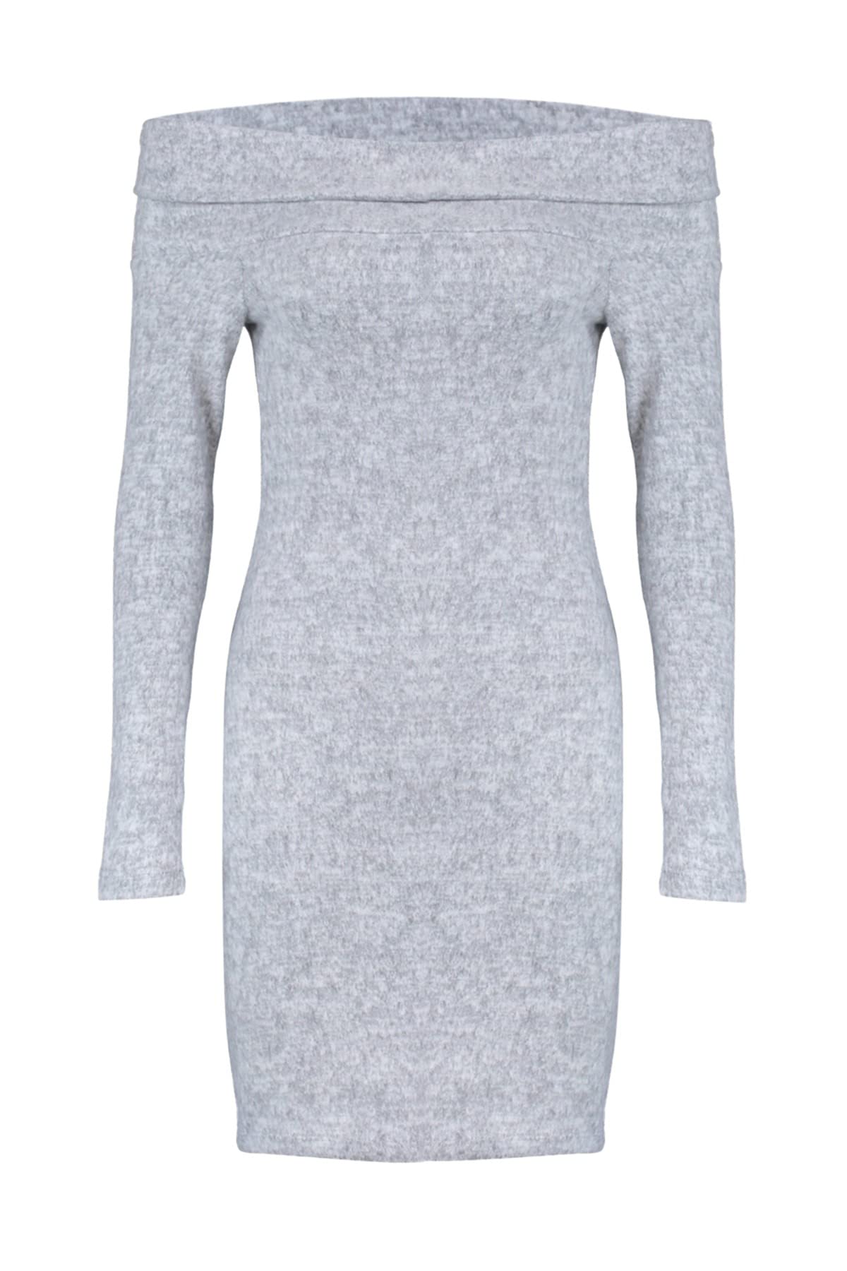 Trendyol Woman Fitted Bodycon Carmen Collar Knit Dress, Gray, S