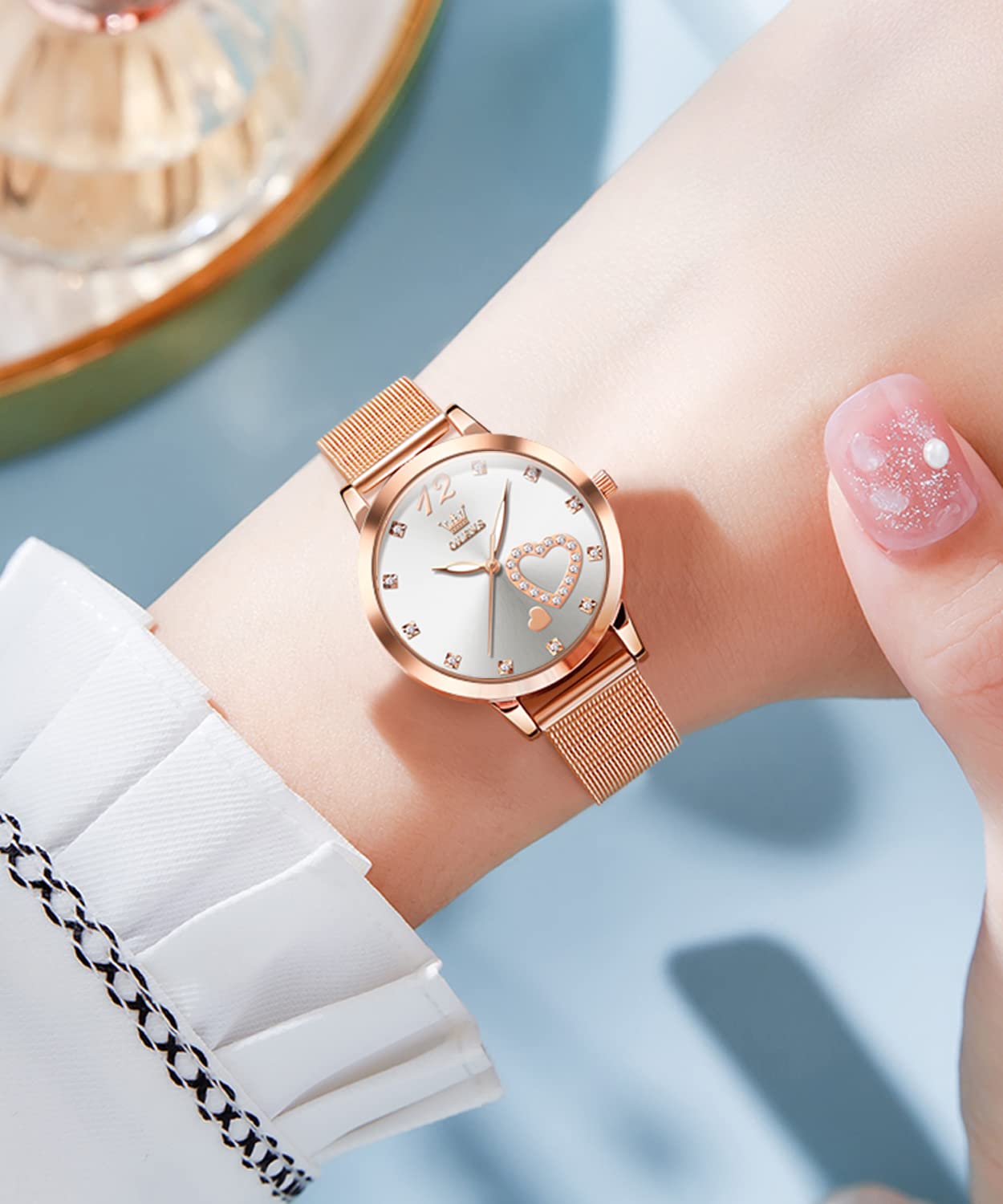 OLEVS Montre pour Femme Or Rose avec cœur Diamant Noir et Blanc Visage Quartz étanche Bracelet Ensemble Montres pour Femme