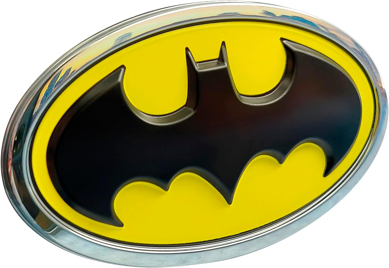 Fan Emblems Batman Car Emblem - 1989 Oval Bat Symbol 3D Auto Badge - COLOR: Black, Yellow, and Chrome - SIZE: 3.76 x 2.26 x 0.2 inches - Officially Licensed DC Car Accessories