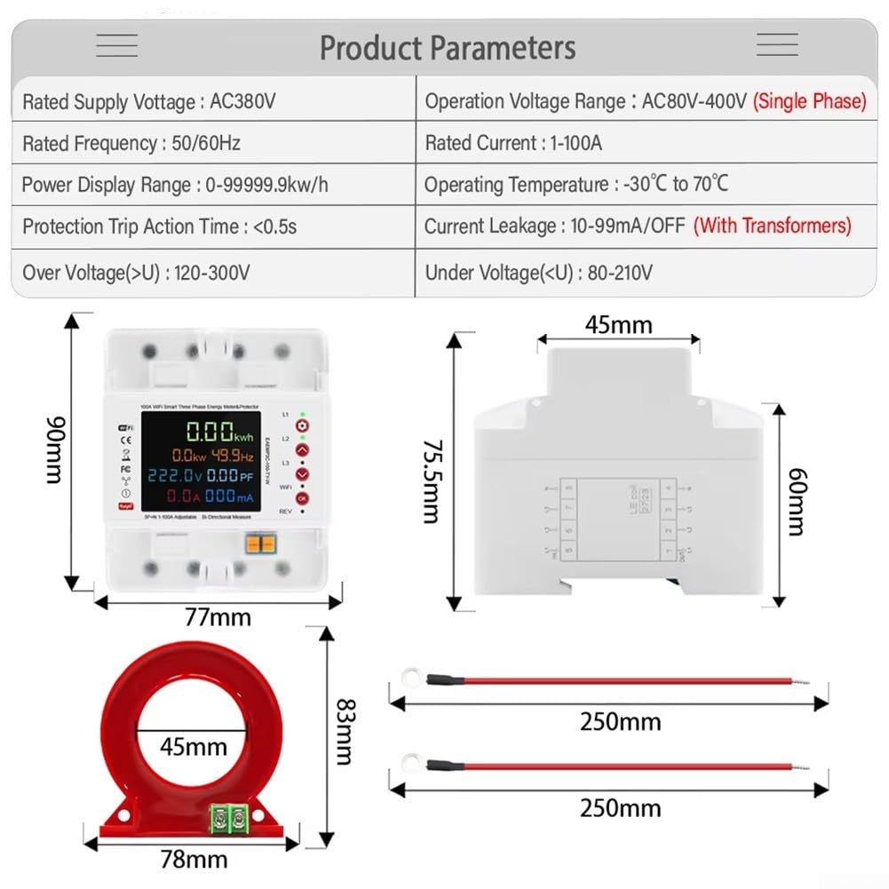Contatore di energia trifase 4P Smart WiFi con protezione contro le perdite, compatibile con tuya, display LCD, protezione da sovratensione, controllo remoto, soglia regolabili per applicazioni