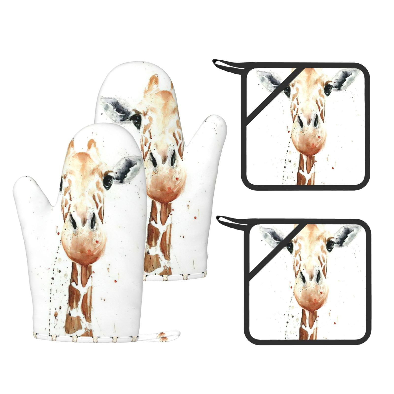 clever giraffe Printed Oven Mitts and Pot Holders Set of 4, Heat Resistant Silicone Gloves for Baking Grilling