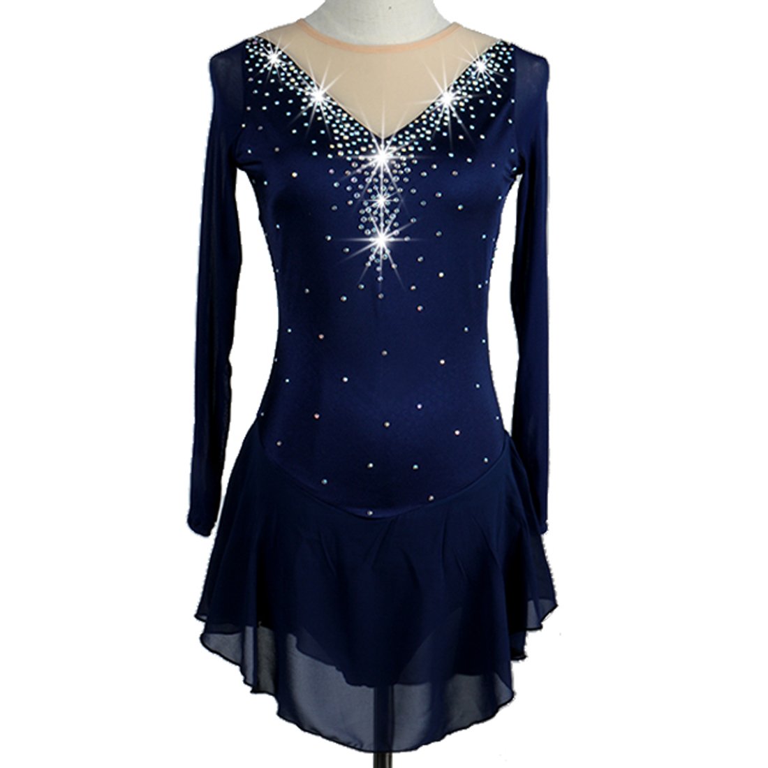 Women ice Skating Dress Long Sleeve(Navy Blue,L)