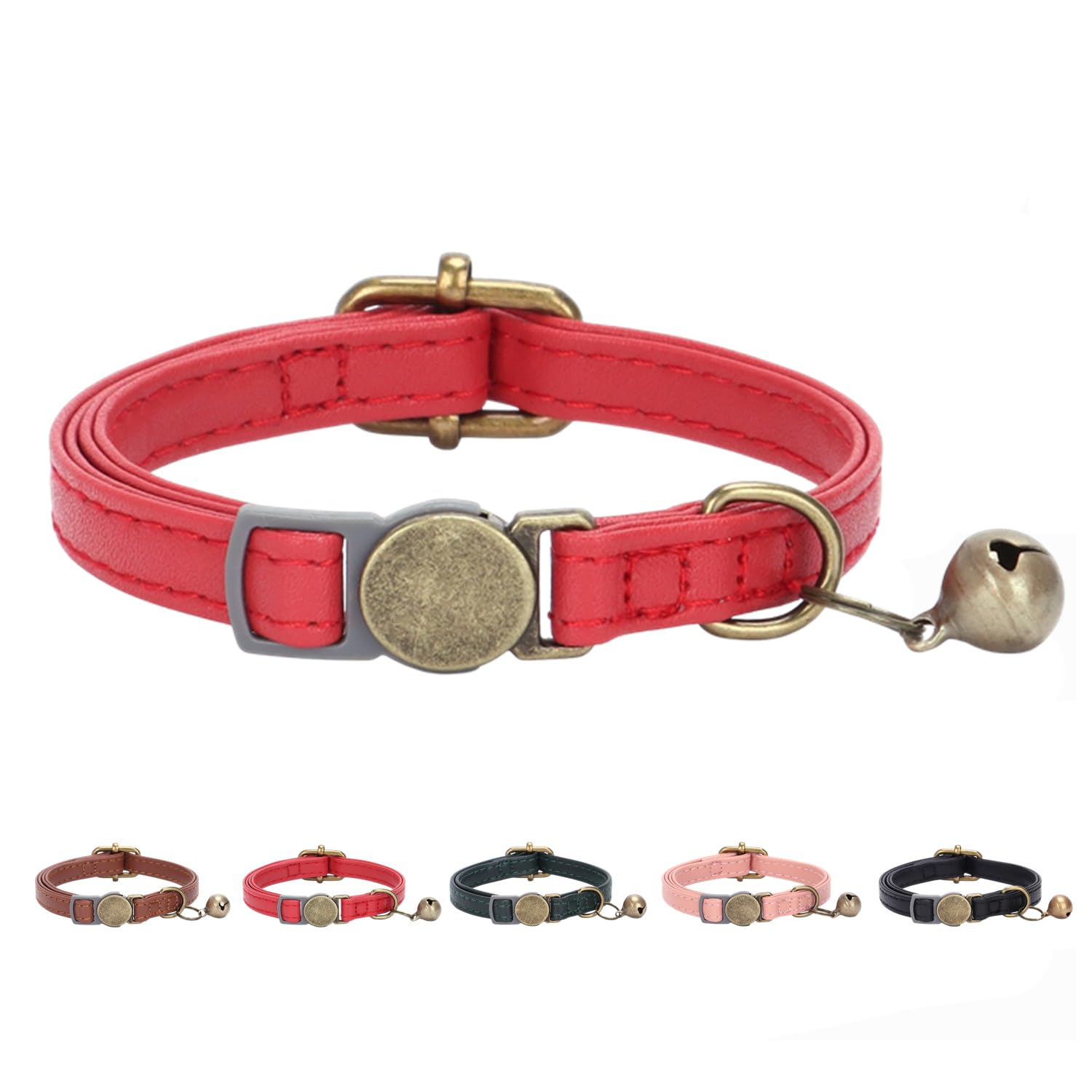 THAIN Leather Cat Collar with Bell Breakaway- Adjustable, Durable, Retro Bell fit Most Cats and Kittens (Red)