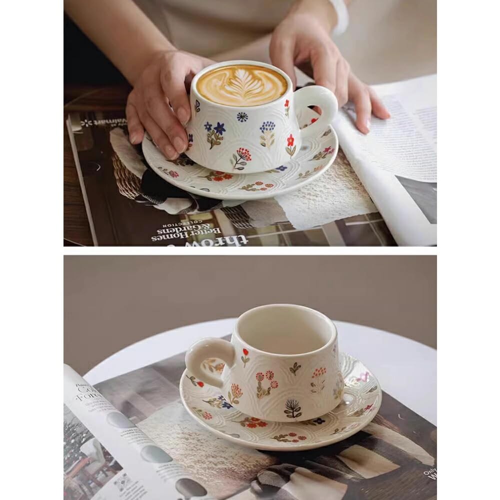 Amazon.co.jp: 美しい 花柄 マグカップ＆プレート 白陶器 コップ