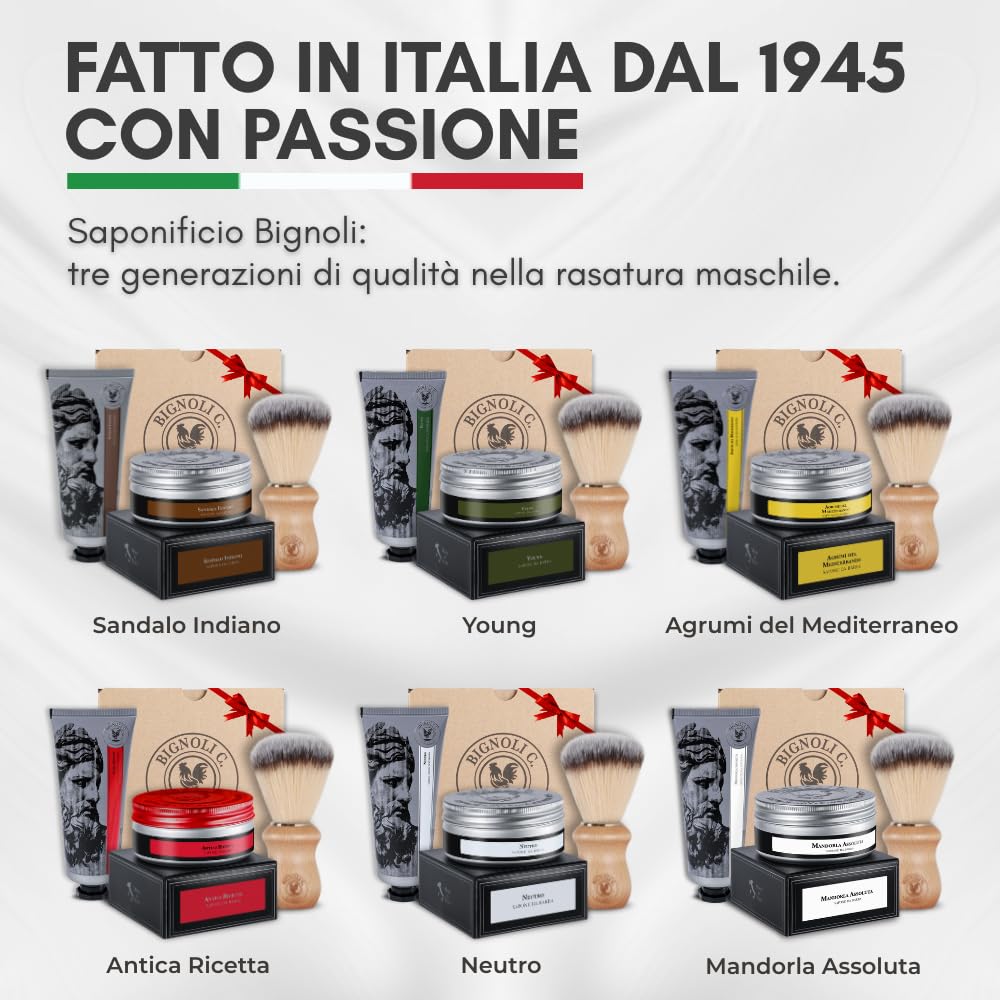 Bignoli Set Rasatura Tradizionale – Kit Barba Uomo - Sapone da Barba 175g + Crema Dopobarba 75ml + Pennello | Qualità Artigianale - Set Regalo Uomo (Young)