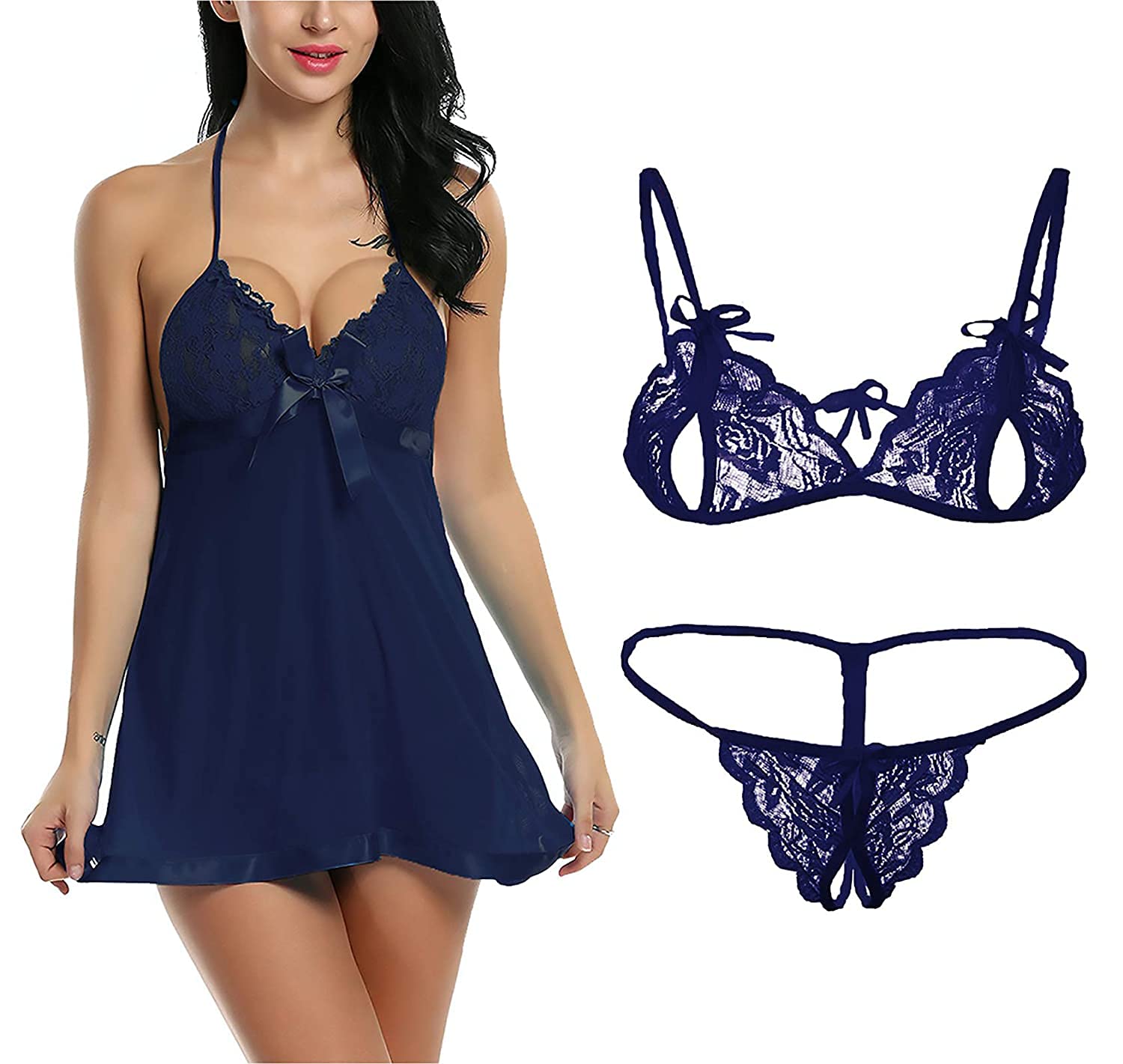 G-String Combo for Women Babydoll Nightwear Lace Bra Panty Lingerie Set (Nevy Blue), Free Size-image-11