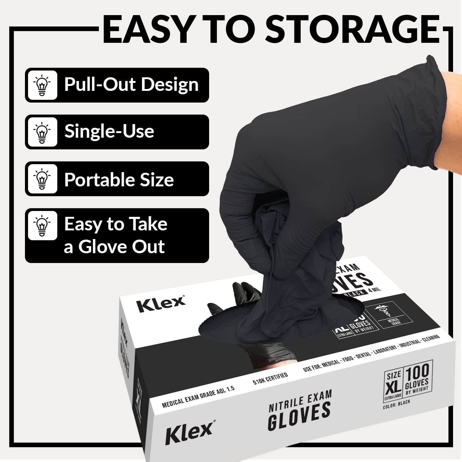 Klex Guantes de nitrilo para examen, grado médico, sin polvo, sin látex de goma, guantes desechables de grado de examen, aptos para alimentos, color negro, grande, 1000 unidades