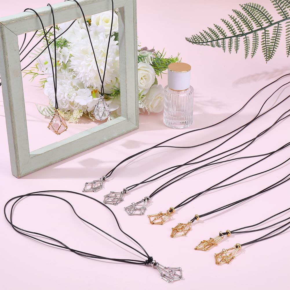 SUNNYCLUE 1 Box 10Pcs Crystal Stone Holder Necklace Gold Crystal Holder Necklace Metal Silver Adjustable Empty Gemstone Beads Cage Pendants Leather Rope for Jewelry Making DIY Charms Crafts Adults - Image 4