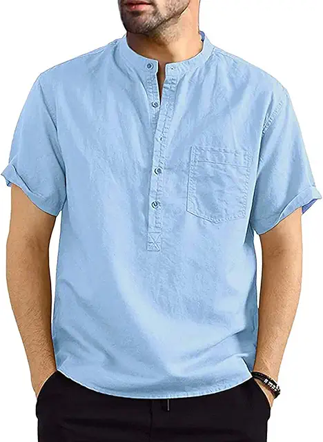 Camisa Polo Cuello Mao Hombre - Lino y Algodón, Manga Corta, Cierre Botón