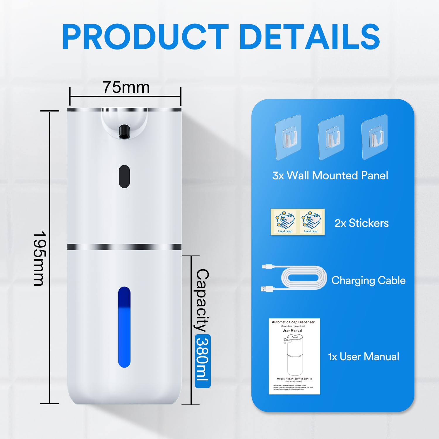 Fachixy Dispensador de jabón automático con Pantalla Digital, sin Contacto, Montaje en Pared, dispensador de jabón de baño, Recargable, 380 ml, IPX5 Impermeable para baño, Cocina