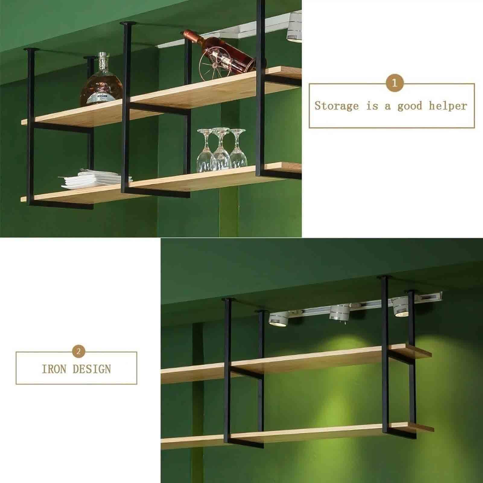 Portabicchieri Da Vino Sospeso - Porta Bottiglie Da Vino Da Soffitto - Supporto Per Piante A Doppio Strato In Ferro Battuto, Appendiabiti Da Parete In Stile Floating Shelves(C,120*30*80CM)