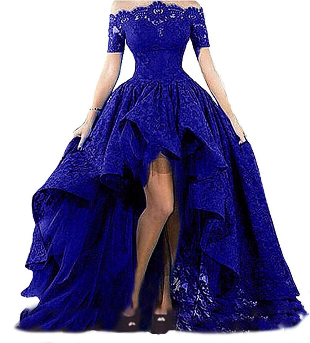 Diandiai Women's Off The Shoulder Hi-Lo Lace Prom Dress