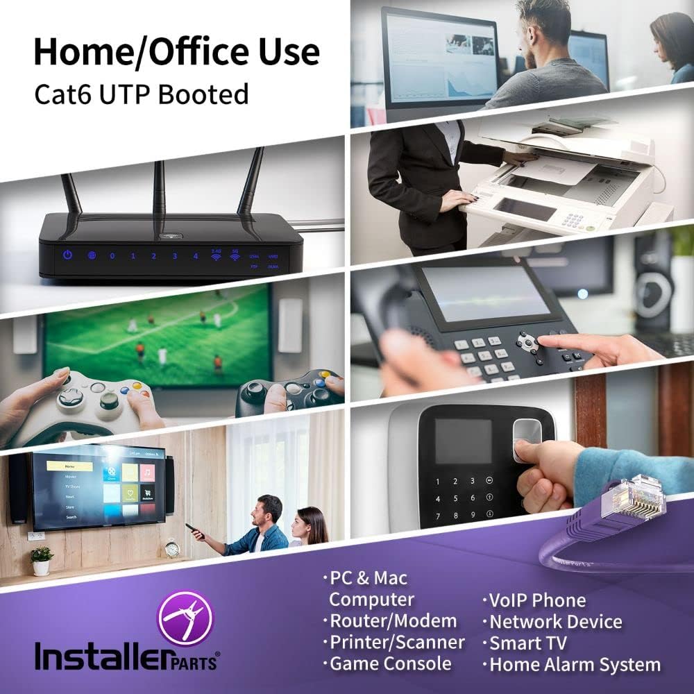 InstallerParts (20 Pack Ethernet Cable CAT6 Cable UTP Booted 0.5 FT - Purple - Professional Series - 10Gigabit/Sec Network/High Speed Internet Cable, 550MHZ