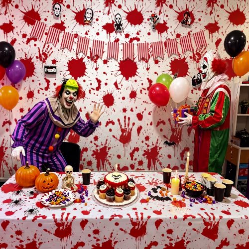 Image of Kochorie 100 Ft x 54 Inch Halloween Bloody Party Tablecloth Roll with Cutter Box Waterproof Plastic Horror Bloody Zombie Table Cover for Halloween Spooky Party Decorations. White