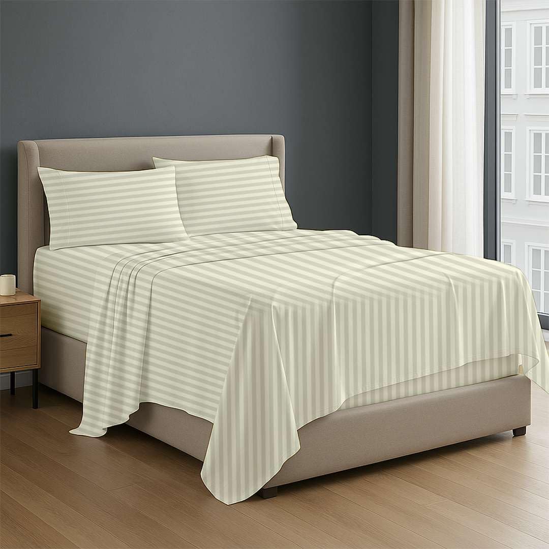 NON Sticky cotton Premium 4 Piece Egyptian Cotton Fitted Twin Sheet Set, Hotel Quality Soft Breathable Bedding Sheets, 15" Deep Pocket, 39" X 75", Ivory Stripe