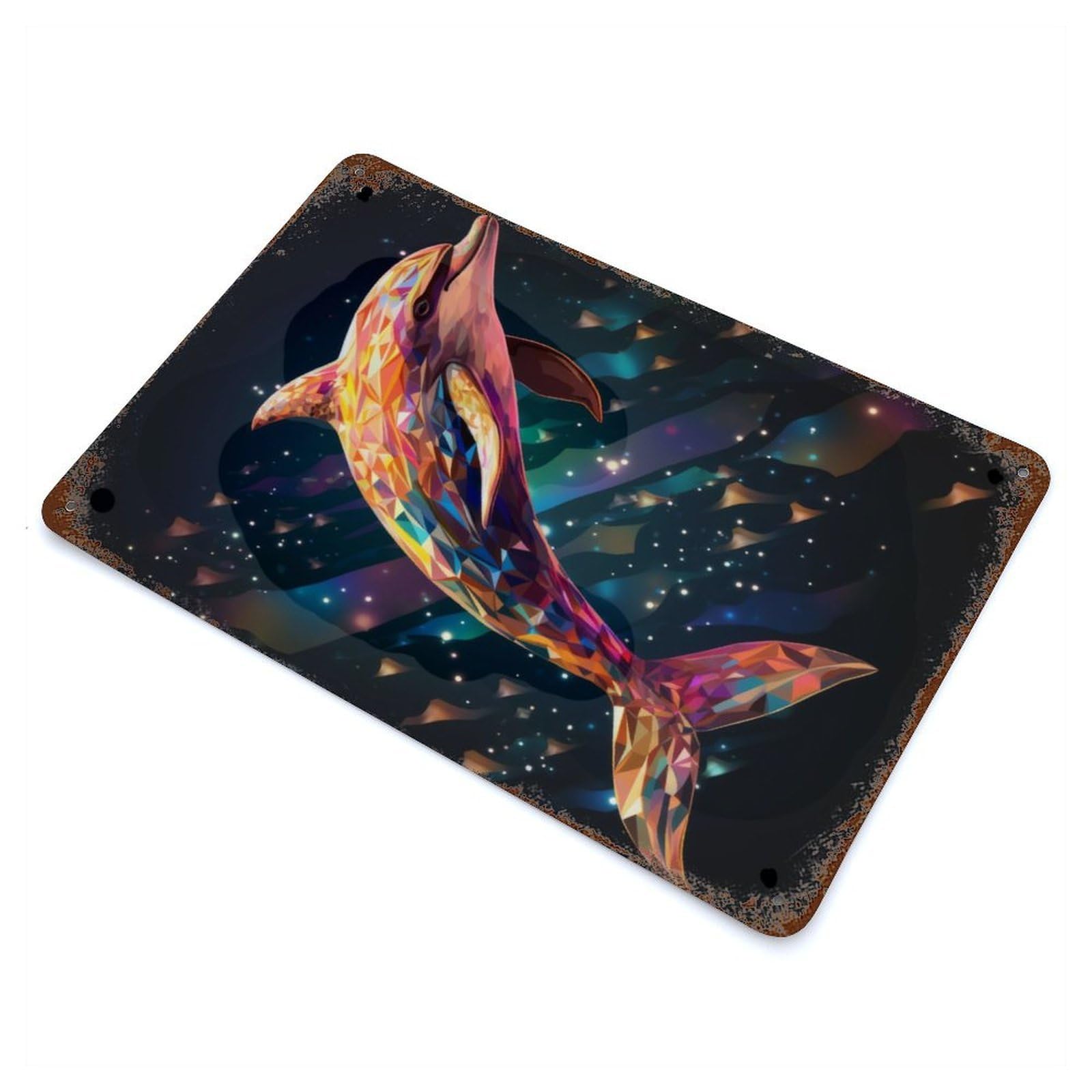 Garage Style Geometric Dolphin Vintage Rust Metal Sign 11.8"x7.9", Industrial Home Decor for Bar And Workshop