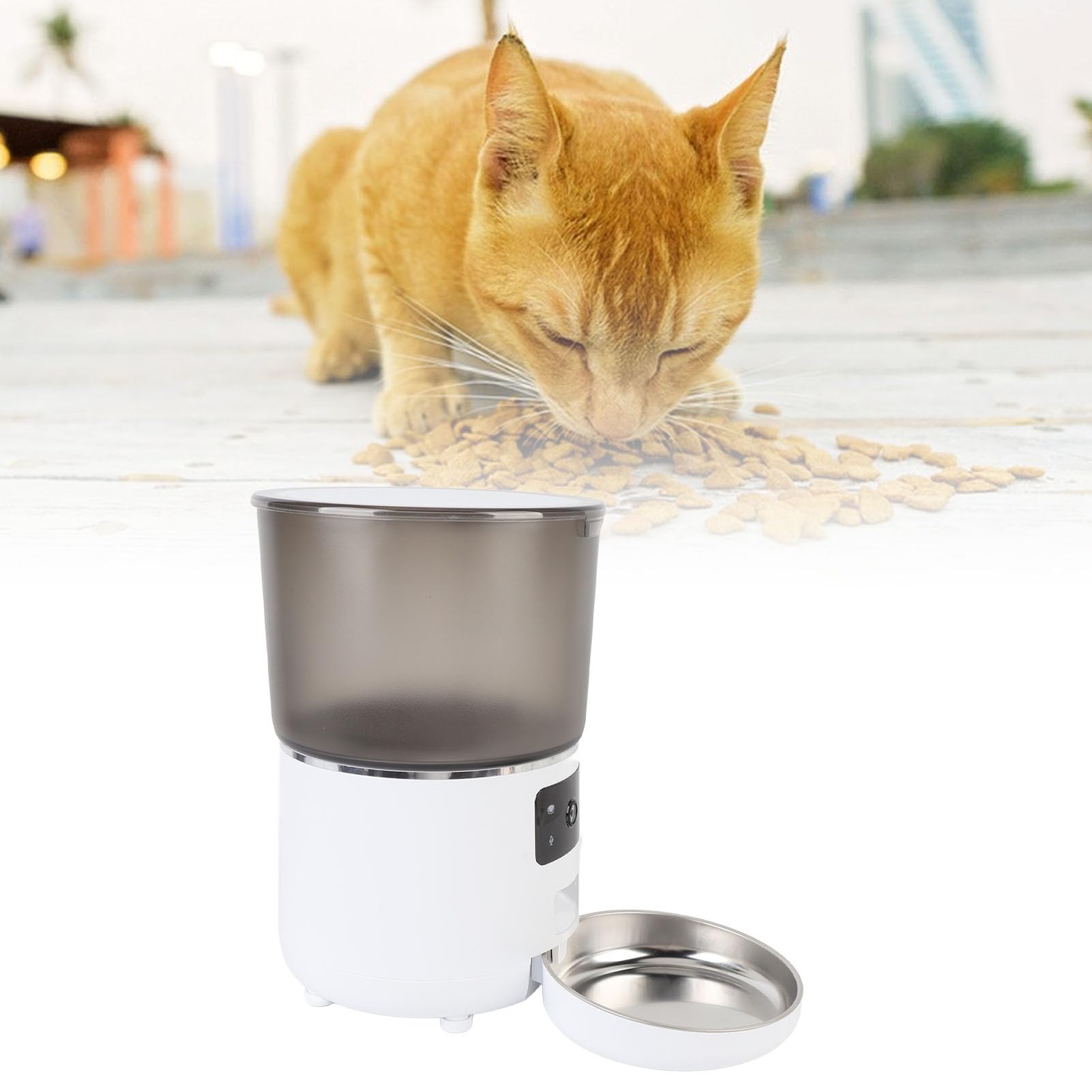 Mangiatoia automatica per animali domestici, 4 l, USB, senza fili, con timer, per gatti e cani, avvisi intelligenti per gli utenti 'app, in acciaio inox ABS, 1 cavo di ricarica (bianco)