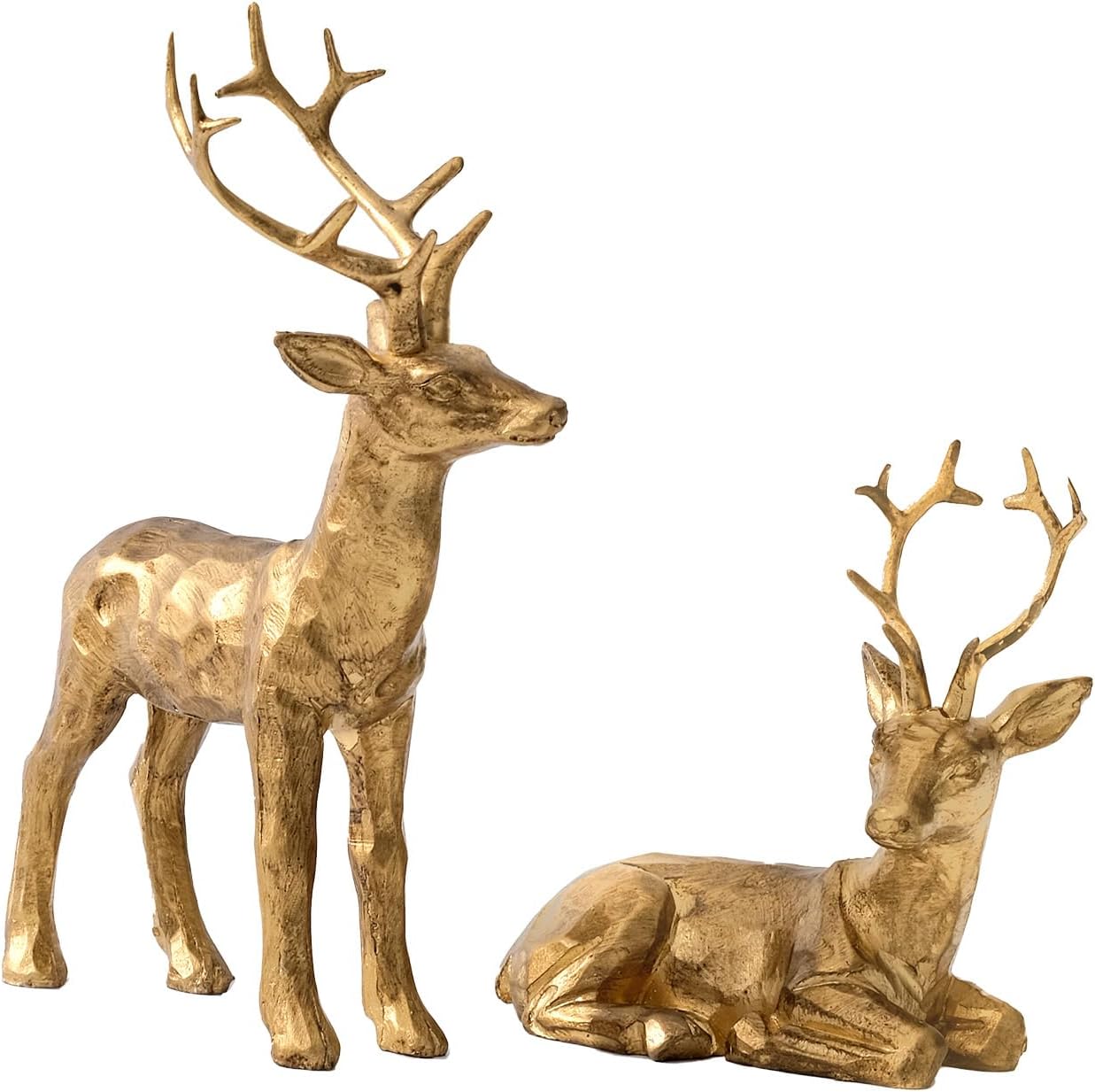 dn deconation 2pcs christmas resin reindeer figurines decorations, small gold brass deer decorative statues deer sculptures for indoor home decor tabletop mantle cabinet desktop office vintage gold 2pcs
