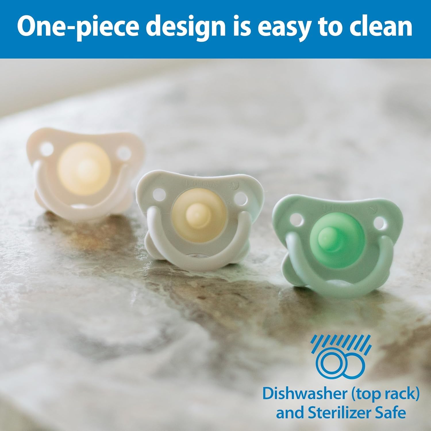 Dr. Brown's HappyPaci 100% Silicone Baby Pacifier, Contoured One-Piece Design, Gray, Green, Ecru, 0-6m, BPA-Free, 8-Pack