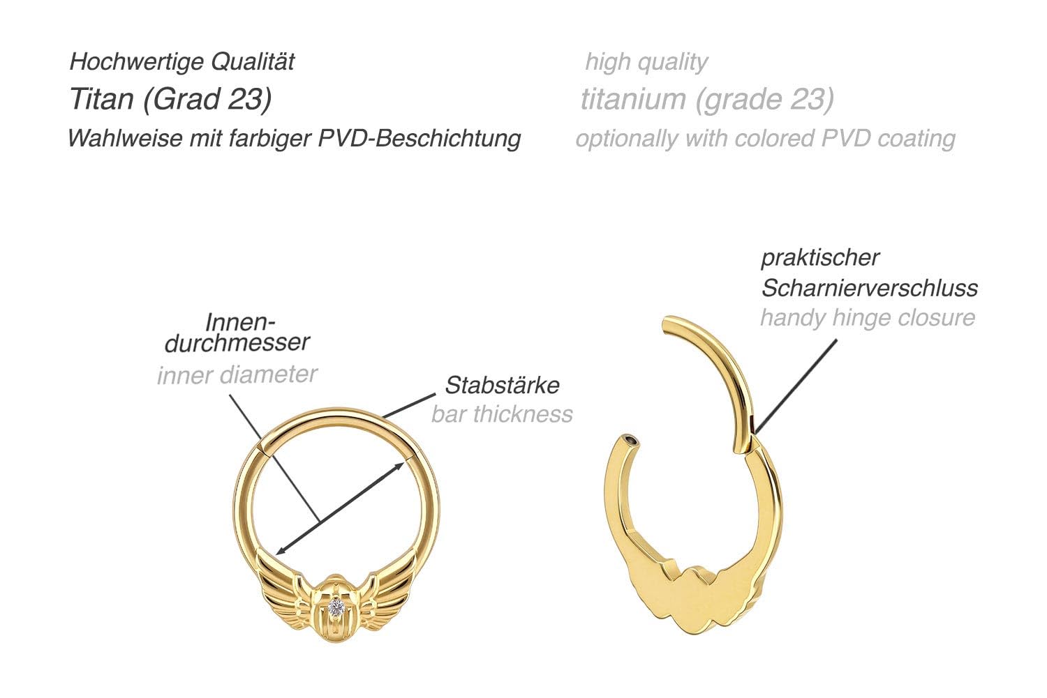PIERCINGLINE Piercing Ring Titan Segmentring Clicker SKARABÄUS - Goldfarben, Silberfarben