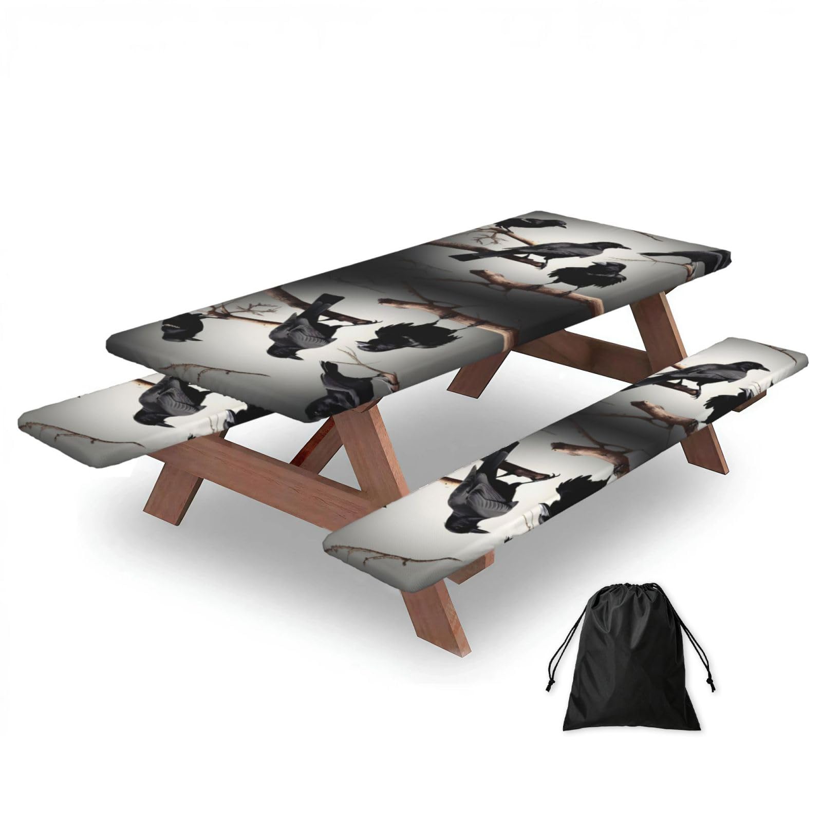 Black Crow Birds On A Branch Print 3 Pack Wipeable Picnic Bench Cover And Table Cover Lightweight Table Cloth For Camping Outdoor