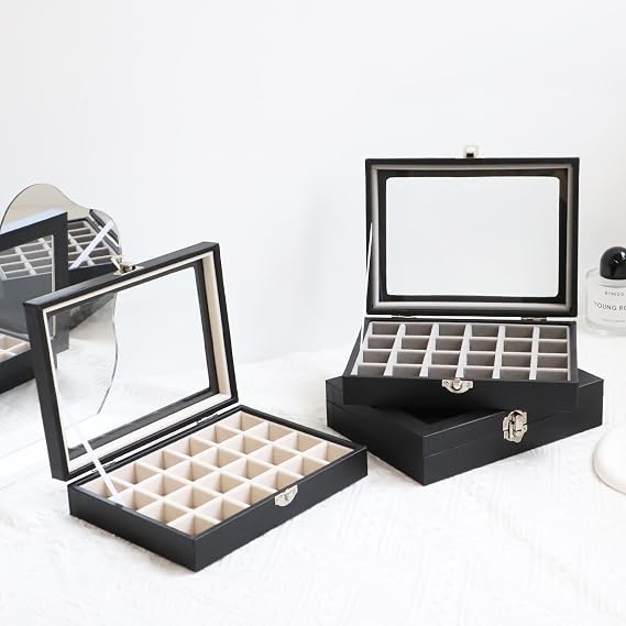 Wudygirl 24 Grid Earring Organizer Small Jewelry Box with Lid BlackBeige