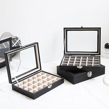 Wudygirl 24 Grid Earring Organizer Small Jewelry Box with Lid BlackBeige