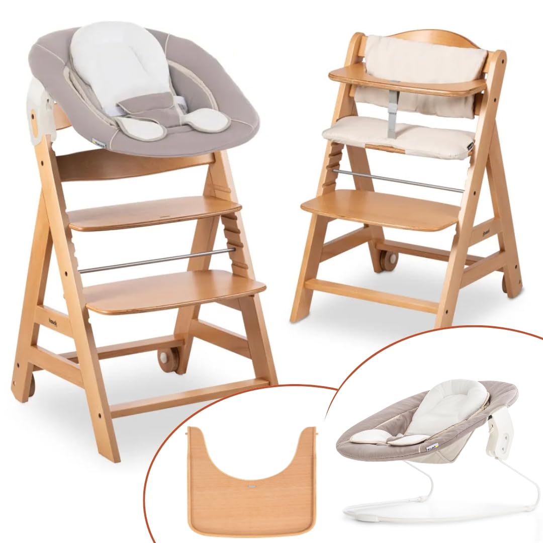 hauck Hochstuhl Beta+ Newborn Set - Babyhochstuhl Set ab Geburt mit 2in1 Neugeborenen Aufsatz Bouncer, Sitzpolster und Essbrett - Natural