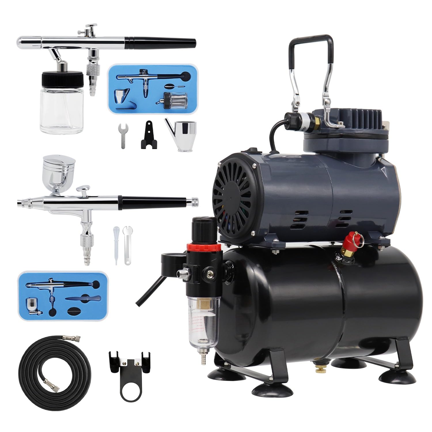 SwitZer Airbrush Kit AS186 AS 186 with Compressor with Tank with 2 x Double Action Airbrushes and Hose
