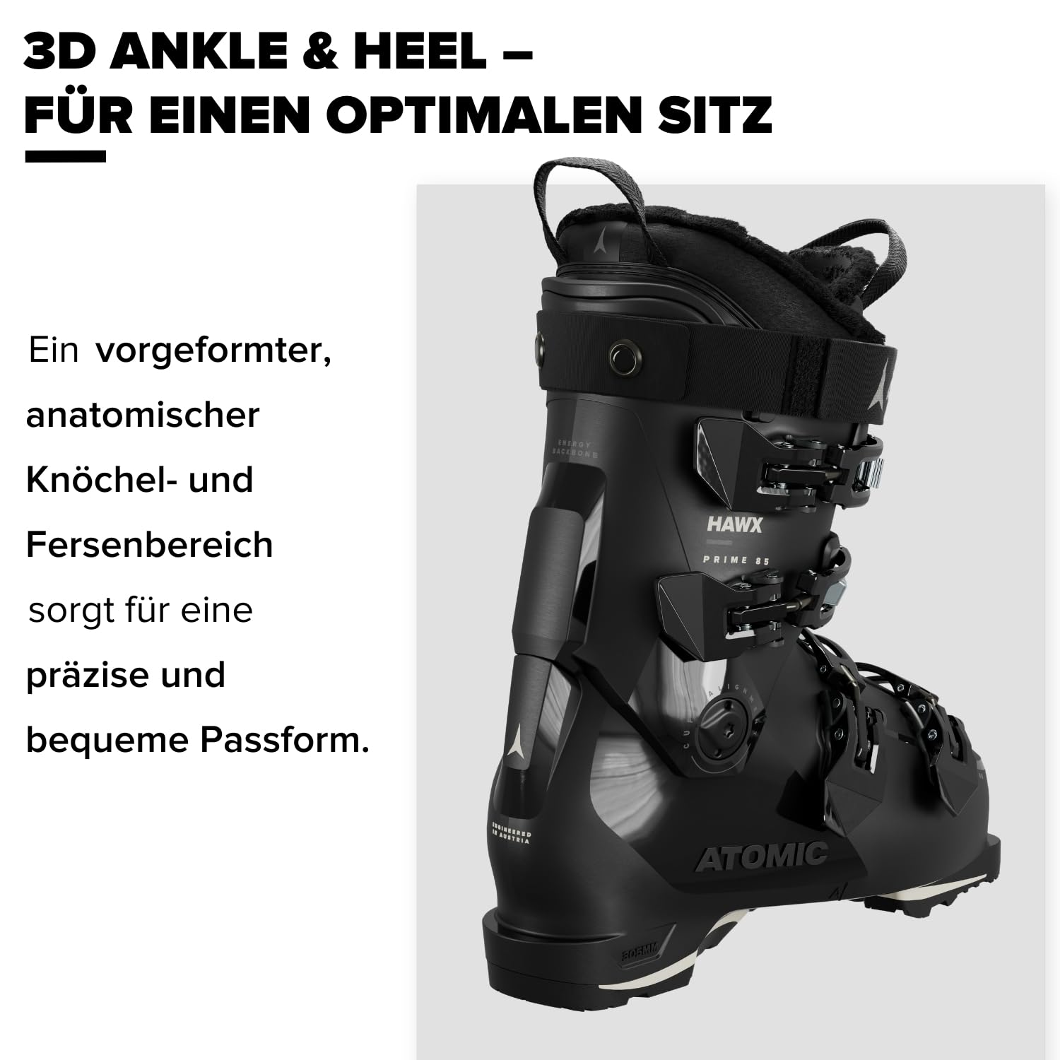 ATOMIC HAWX PRIME 85 W Skischuhe Frauen - Alpin-Skischuh in Black/Stone & Schwarz/Silber - Boots mit 3D Knöchel & Ferse für präzisen Sitz - mittelbreite Skistiefel für Fortgeschrittene
