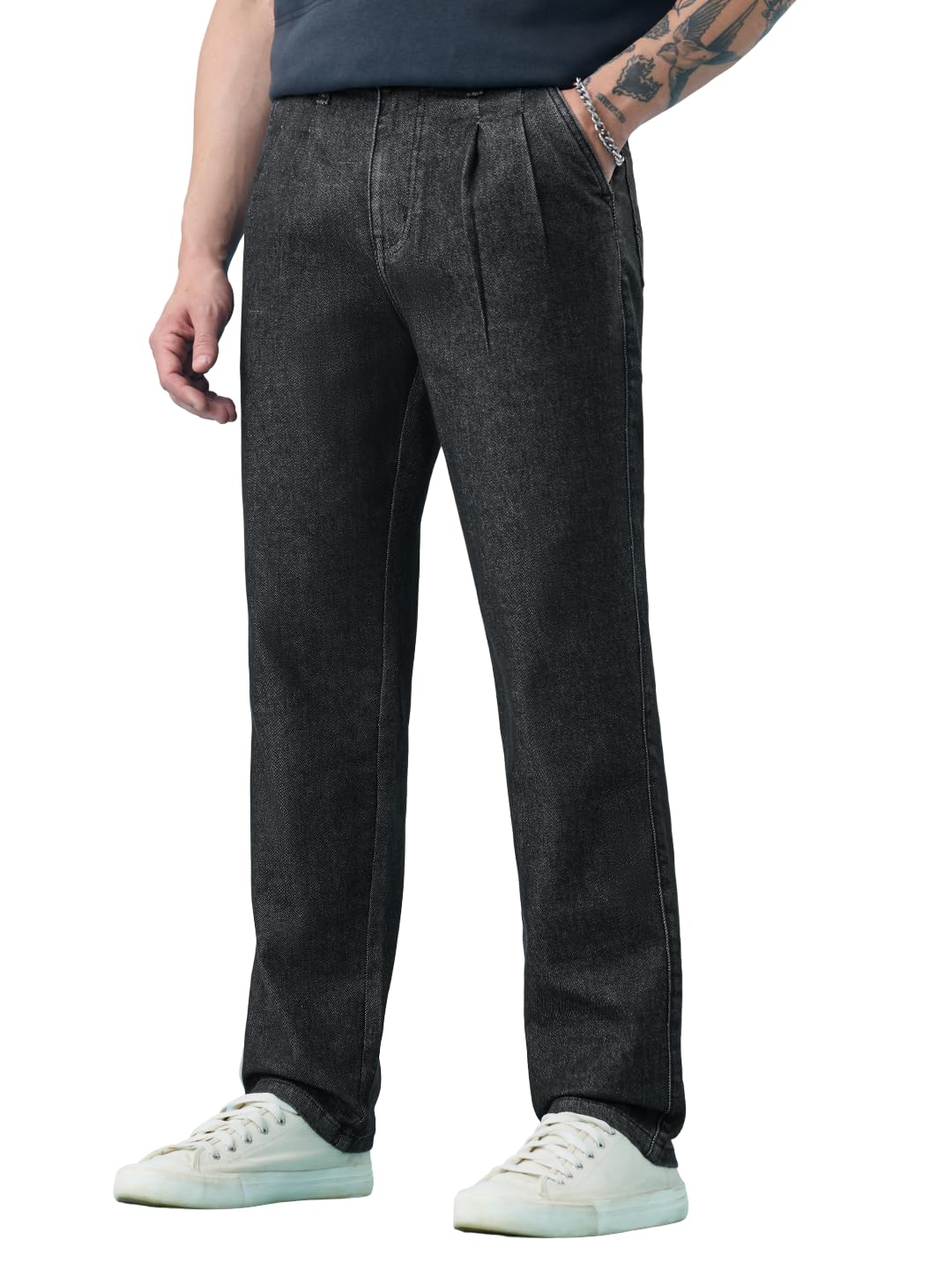 Pleated Denim: Charcoal Men and Boys Zip Fly Washed Cotton Spandex Lightweight Stretchable Everyday Pleated Front Straight Fit Denim Jeans-image-16