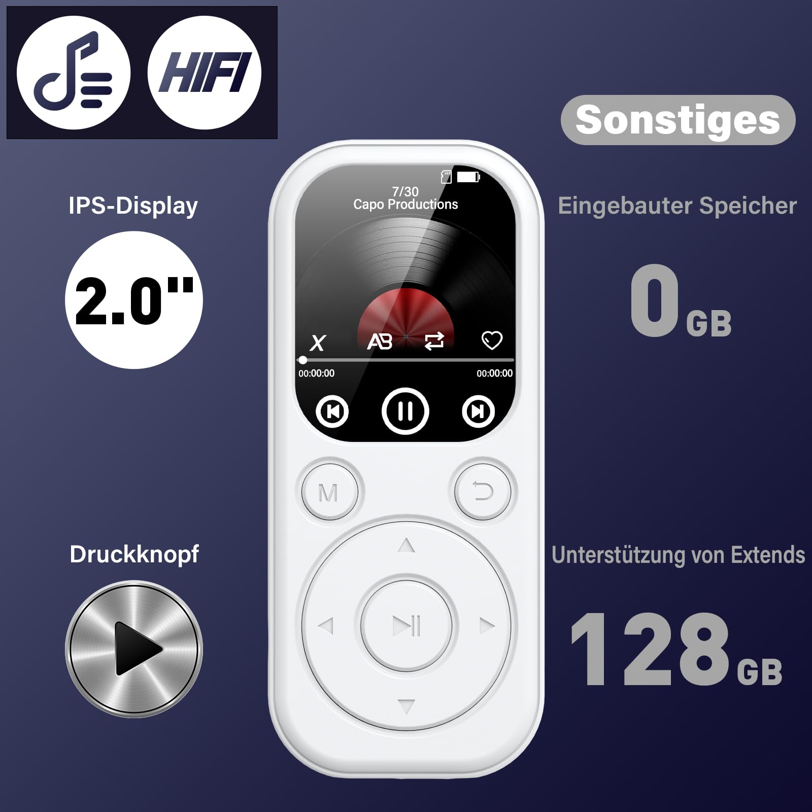 Lecteur MP3 Bluetooth 128 Go avec Radio FM, Enregistreur Vocal, Son HiFi, Blanc