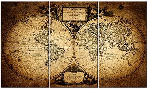 Welmeco Large 36"x60" Ancient Map of the World Wall Canvas Prints Retro Map Poster Framed and Stretched Painting Vinitage Old Map for Living Room Office Decoration (20"x36"x3 pcs)