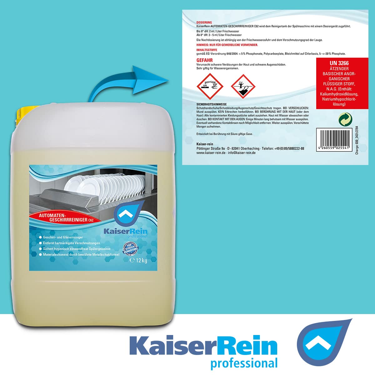KaiserRein Geschirrreiniger & Gläserreiniger C 62 SET mit Klarspüler N100 Gewerblich ist flüssig für Spülmaschinen Automaten 12 kg Kanister I Gewerbe Spülmaschinen Reiniger Spülmittel