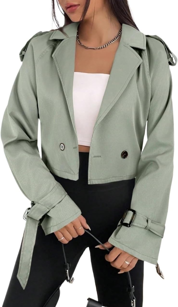 Womens Fashion Trench Outwear Casual Solid Color Short Long Sleeve Trench Coat Jacket Coat