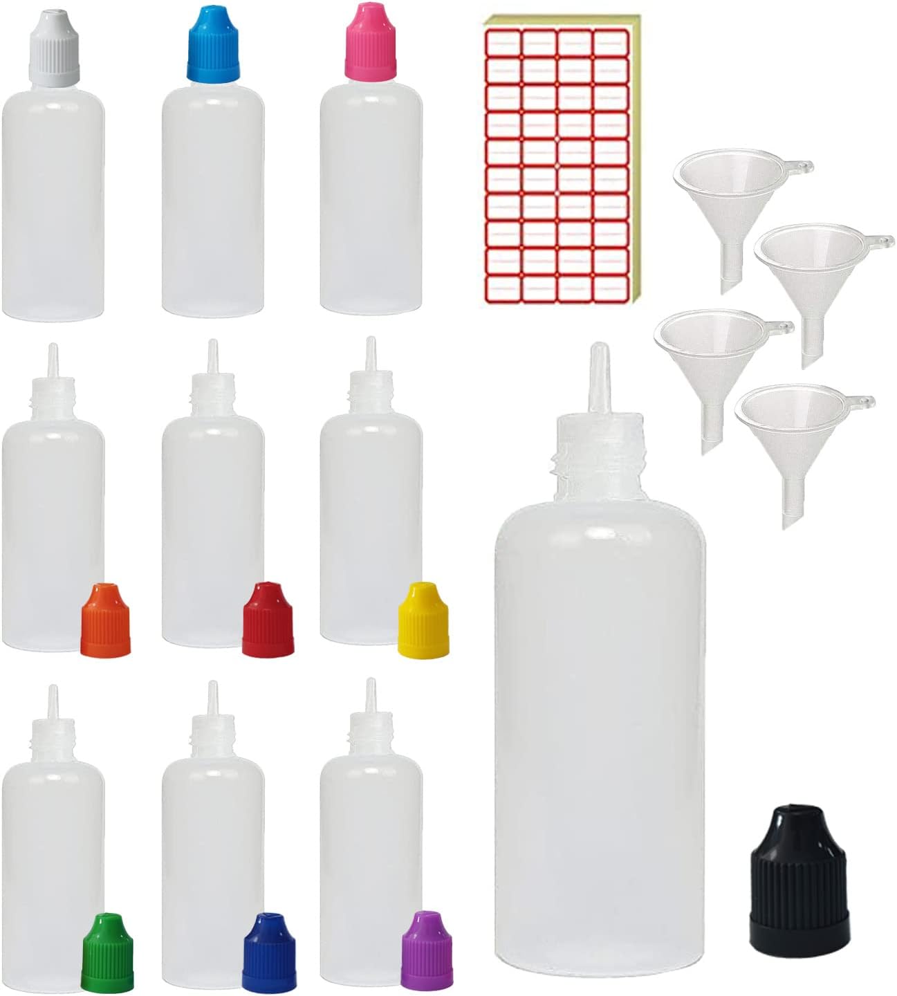 20 Pack x 100ml LDPE Plastic Liquid Water Squeezable Eye Dropper Empty Bottles (Bottles + Mixed Colour Caps + Tips + Funnel + Label)