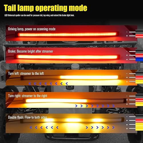 Miniatura 4 de YEORO Tira de luz trasera LED universal de 11.8 pulgadas, luz de freno DRL 3 en 1, luz de freno roja y luz intermitente ámbar 108 LED, tira flexible