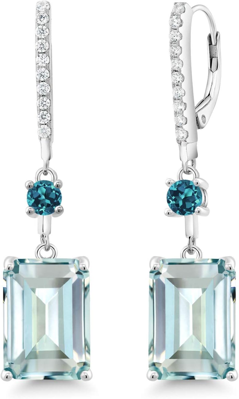 Gem Stone King 14.24 Cttw Sky Blue Simulated Aquamarine and London Blue Topaz Dangle Earrings For Women 925 Sterling Silver | Gemstone Birthstone | Emerald Cut 14X10MM