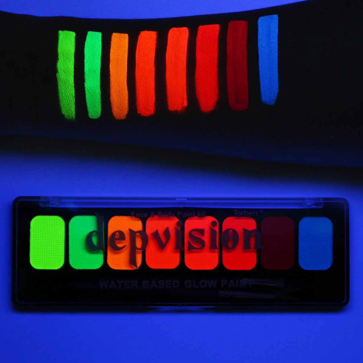 Depvision 8 Colors Glow in the Dark UV Face and Body Paint Palette Water Based Neon Blacklight Water Activated Washable Reactive Fluorescent for