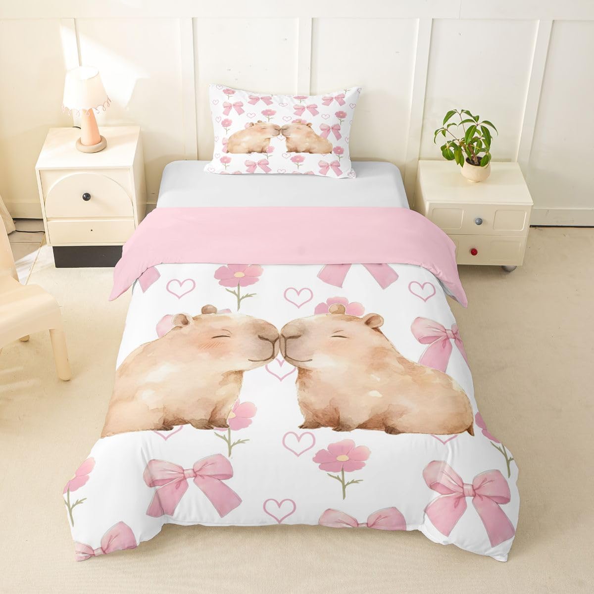 Homewish Kids Capybara Duvet Cover Single Girls Pink Bow Bedding Set - Sweet Capybara Couple Quilt Cover with 1 Pillowcase - Kawaii Bowknot Floral Bed Set Romantic Animal Themed Room Decor