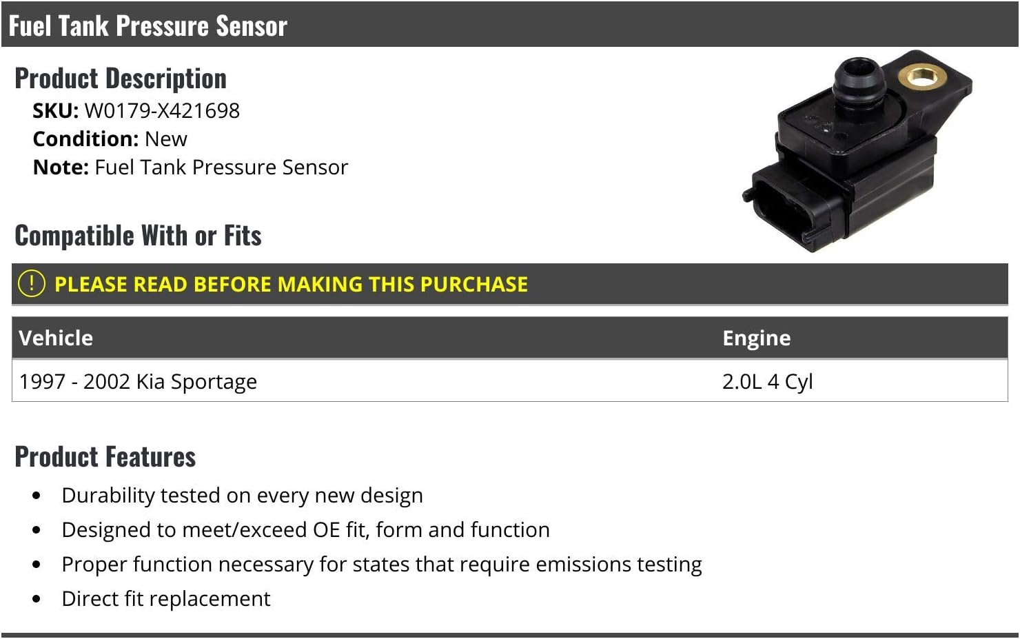 Fuel Tank Pressure Sensor - Compatible with 1997-2002 Kia Sportage 2.0L 4-Cylinder