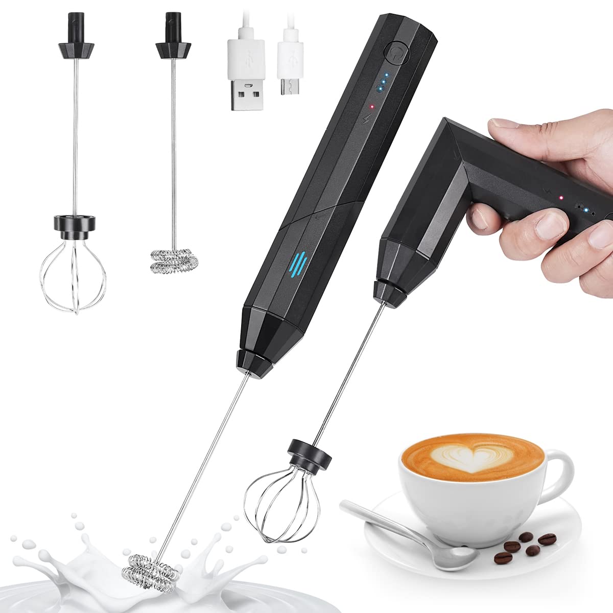 YOMYMMilk Frother, Foldable Electric Stirrers, USB Rechargeable Hand Blender, Adjustable 3 Speeds, Egg Whisk with 2 Whisk Heads for Milk Foam, Coffee Stirrer, Shaking Eggs (Black)