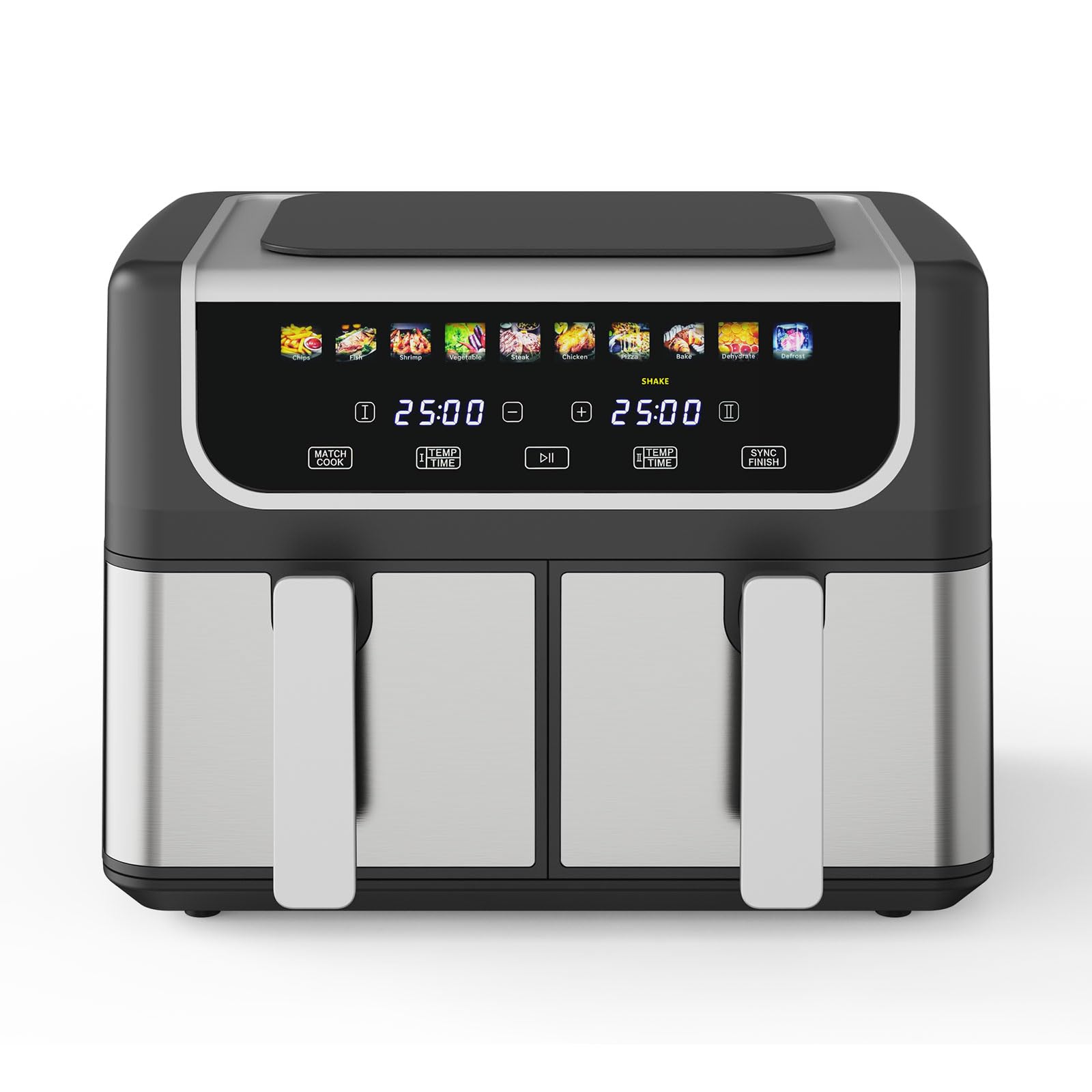 NEWBULIG Dual Air Fryer with 2 Baskets 9.5 QT, 10 in 1 Large Air Fryers with Ceramic Crisper Plate, Match Cook, Sync Finish, Shake Reminder, 80-450°F Wide Temp, Roast, Defrost, Dehydrate, Bake, Black